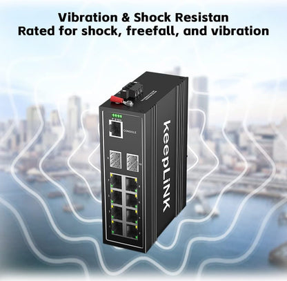 10-Port Industrial Gigabit PoE Switch, Managed with 8 PoE+@130W, 2 SFP Slots, DIN Rail Network Switch, IP40, Operating Temperature Range of -30° – 75°C (-22° – 167°F), Lifetime Protection