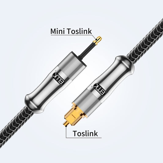 EMK 24K Gold-Plated Toslink to Mini Toslink Cable (30ft/10M) - Digital Optical Audio Cable with 3.5mm Mini Plug for Soundbar, Home Theater, TV - Silver SPDIF Fiber Optic Cable