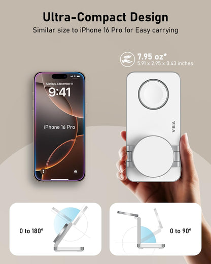 VBA 3 in 1 Wireless Charging Station for Apple MagSafe Charger,Foldable Fast Charging Magnetic Wireless Charger Stand,Travel Charger for iPhone 16 15 14 13 12,Apple Watch,AirPods Pro(White)