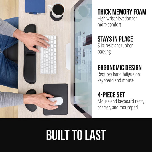 GORILLA GRIP Silky Memory Foam Keyboard Wrist Rest and Mouse Pad for Computer, Ergonomic Design Typing Support, Desk Office Supplies, Hand & Arm Mousepad Cushion and Coaster, 4 Piece Set, Black