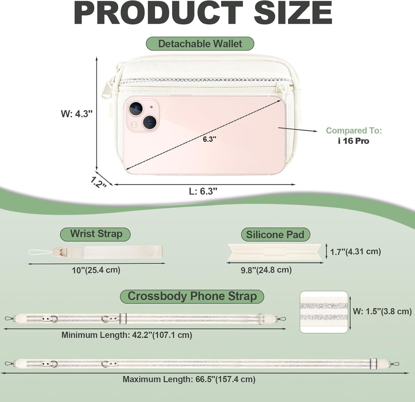 Clip and Go Strap for Phone with Wallet Crossbody, Adjustable Phone Lanyard with Detachable RFID Wristlet Wallet, Pattern Strap, Cream&Silver (M)