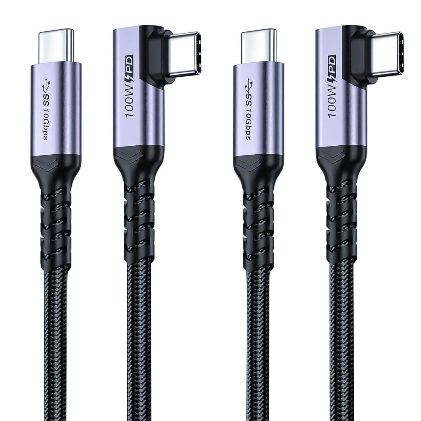 USB C 3.1 Data Cable 10FT 2 Packs, Right Angle 100W Gen 2 Fast Charging 10Gbps High Speed Transfer Cable, 4k 60hz Video Output PD Cord Compatible for Monitor Display, Thunderbolt 3, MacBook Pro