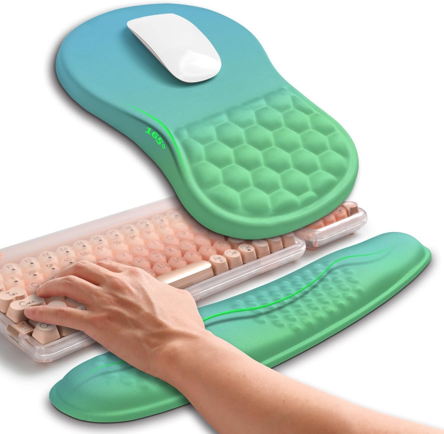 Hokafenle 2in1 Combination, Wave Keyboard Wrist Rest and Ergonomic Curvature Mouse Pad Wrist Support for Relieve Wrist Pain, Filled with Soft Cushion Memory Foam, Gradient Green