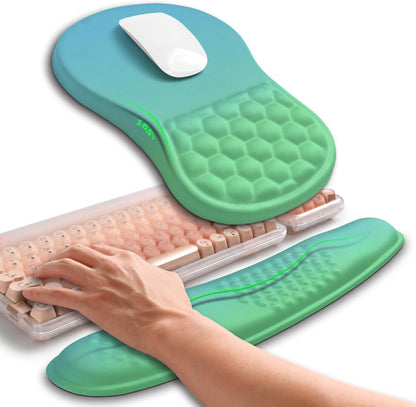 Hokafenle 2in1 Combination, Wave Keyboard Wrist Rest and Ergonomic Curvature Mouse Pad Wrist Support for Relieve Wrist Pain, Filled with Soft Cushion Memory Foam, Gradient Green