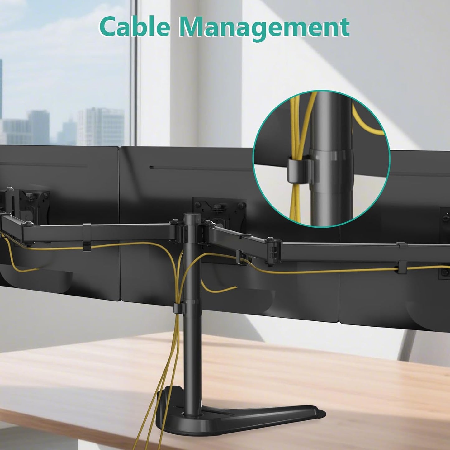 WALI Free Standing Triple Monitor Mount, Heavy Duty Triple Monitors Stand for 13-27 inch Screens, Adjustable 3 Monitor Arm Desk Mount with Swivel, Tilt, Rotation, Grommet Base (MF003N), Black