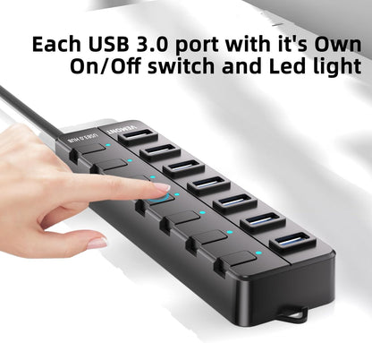 VEMONT 7-Port USB 3.0 Hub (Equipped with a 4-Foot Data Cable, Individual Switch, and Indicator Light, it Supports Data Transfer speeds of up to 5Gbps) Suitable for Desktop Computers and laptops.