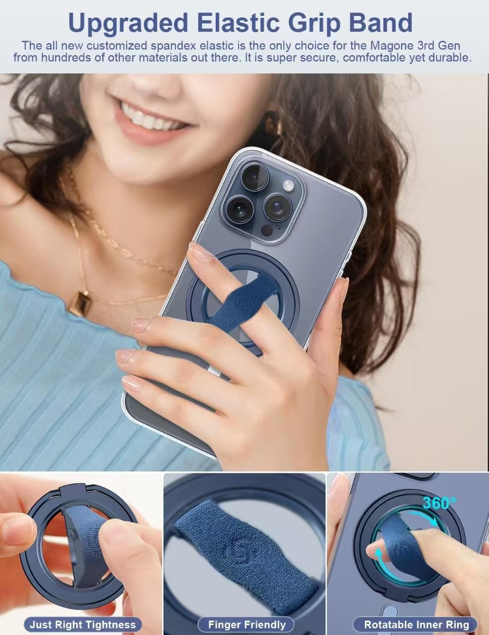 EWA MagOne 3rd Gen [Compatible with MagSafe] Phone Grip Stand with Finger Strap, Removable Magnetic Ring Holder Kickstand Loop for iPhone 16,15, 14, 13, 12 Series-(Blue)