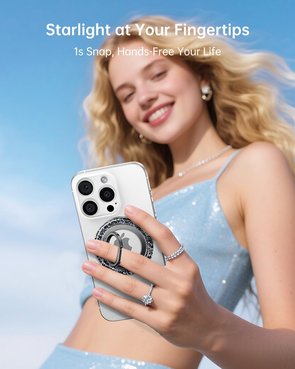 SYNCWIRE Magnetic Phone Ring Holder for MagSafe - Glitter Phone Grip Stand with 360° Rotation & Reinforced Hinge, Compatible with iPhone 16 15 14 13 Pro Max Plus MagSafe Accessories - Glitter Black