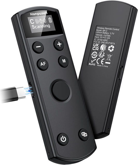 Hanpusen Rechargeable Camera Remote Control for Canon - Wireless Shutter Release with OLED Screen Compatible with R8, R6 II, R100, R50, R10, M50, SL3, R3, R5, R6, RP, R;Replaces Canon BR-E1(Black)