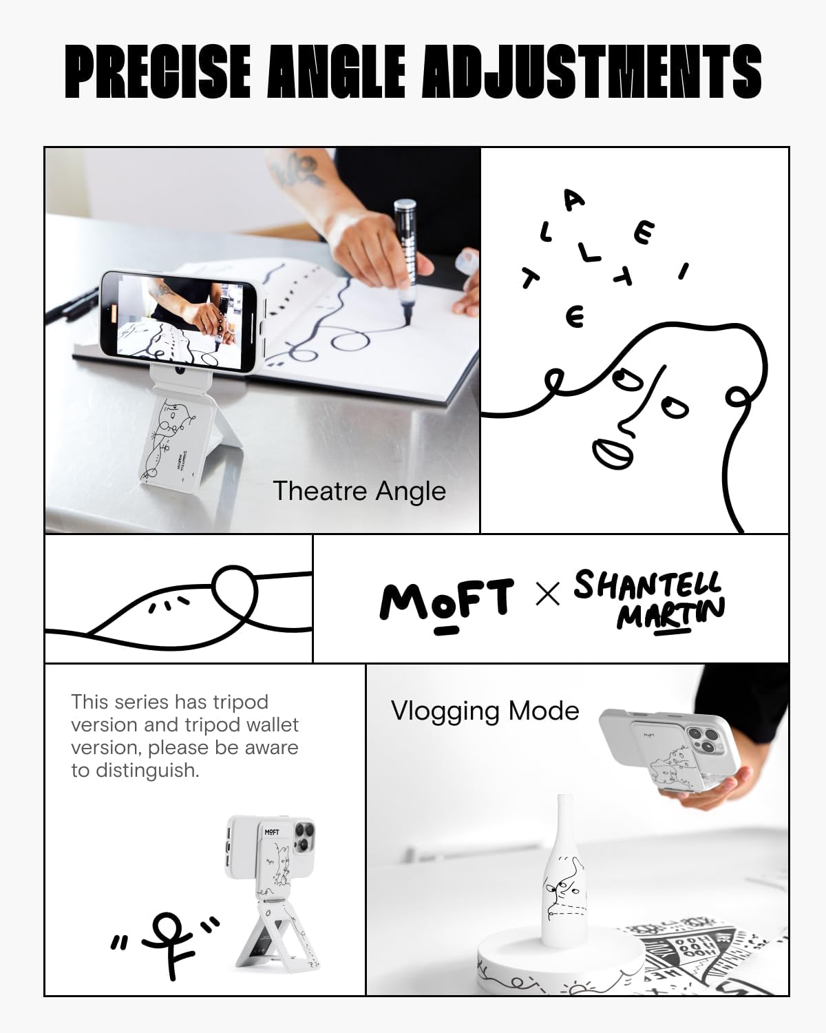 MOFT x Shantell Martin Phone Tripod Wallet for iPhone, Mulit-Angles, Lightweight & Portable Phone Stand, MOVAS Vegan Leather Phone Wallet, Strong Magnets, NFC Card Holder, Misty Cove (with Card Slot)