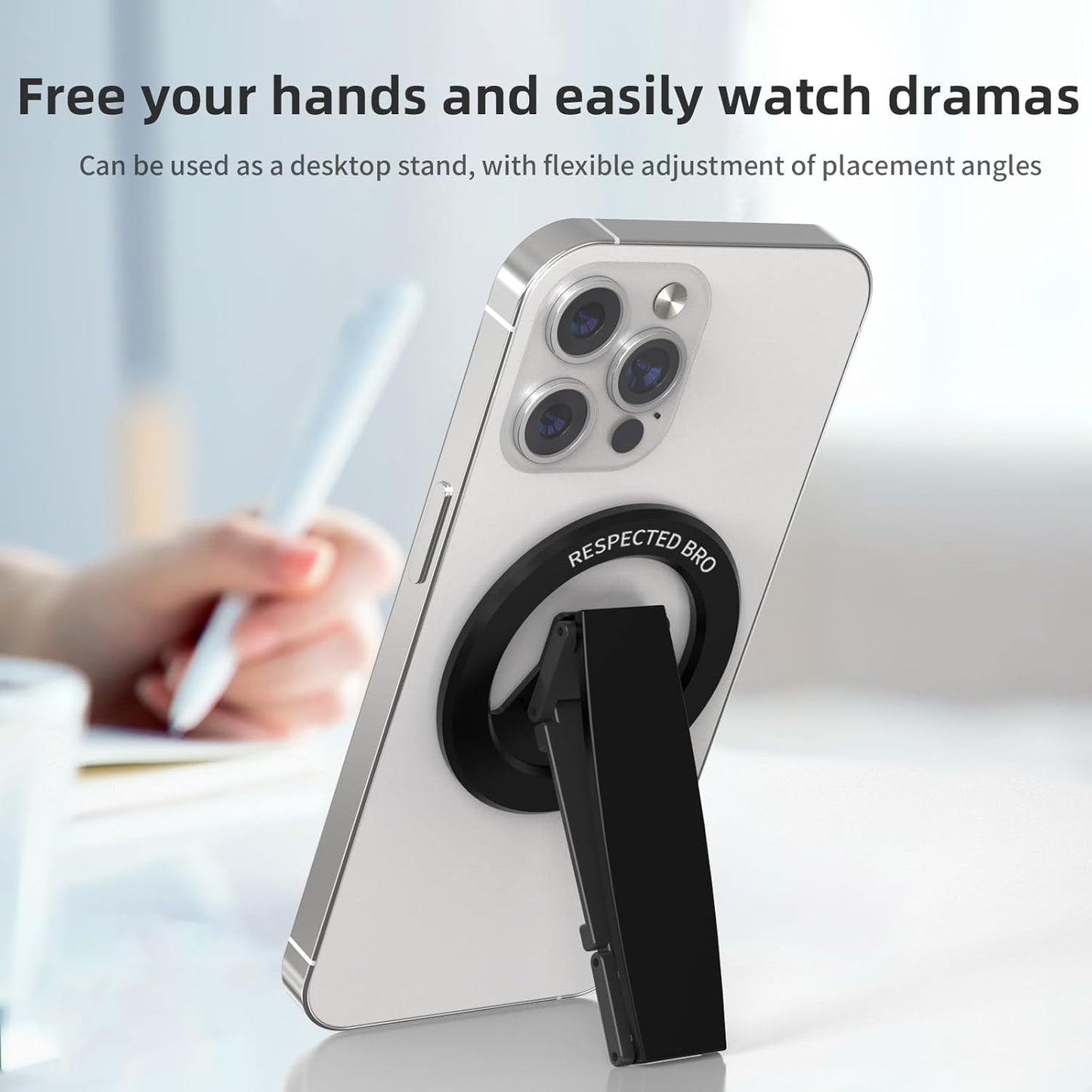 Magnetic-Phone-Grip-Stand, Magnetic Phone Ring Holder Kickstand with Silicone Finger Strap, Compatibility for iPhones, Androids, and More (Black)