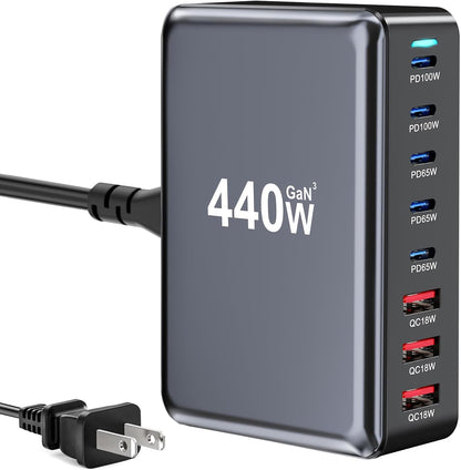 440W Fast USB C GAN Charger Block 8 Port Charging Station HUB Brick Dual PD PPS 100W Wall Charger Compatible with MacBook Pro/Air/All iPad iPhone 16/15/14/13/Pro Max