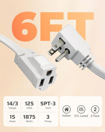 DEWENWILS Heavy Duty 6FT Extension Cord with 3-Prong Flat Plug, 15A/1875W 14/3 SPT-3 Flat Wire, Space Saving for Home Office Appliances & Electronics, ETL Listed, 2 Pack, White