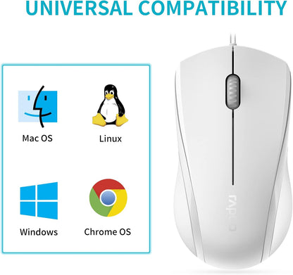Rapoo N1600 3-Button Quiet Wired Mouse, 1000DPI Optical Mouse, Quiet Button, Ergonomic Shape, for Desktop Computers Laptops, Matte White