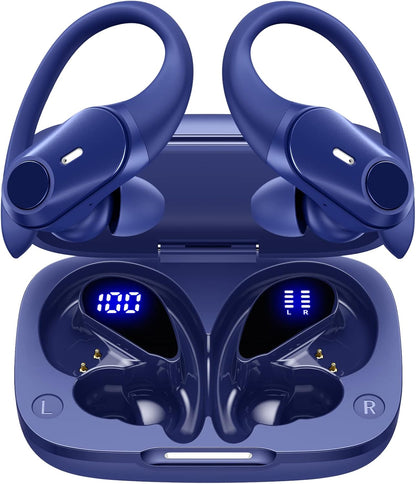 GOLREX Active Noise Cancelling Ear Buds Wireless Earbuds Bluetooth Headphones with 80H Playtime LED Display Wireless Charging Case, Over-Ear Hooks Earbud for Sports Running Gym Workout Blue