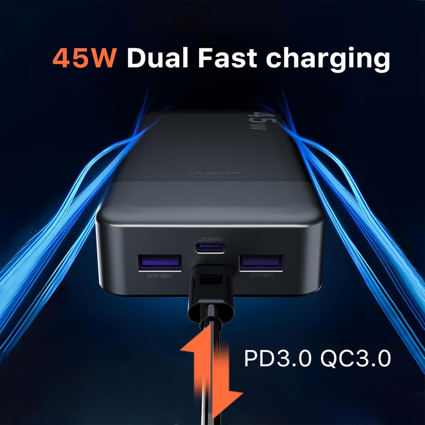 Portable Power Bank, 20000mAh 45W Portable Charger, PD3.0 QC4.0 Fast Charging with LED Display, 2 USB-C, 2 USB-A, Battery Pack for iPhone 15 14 13 Series, MacBook, Galaxy, iPad, and More (Black)