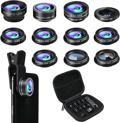 Phone Camera Lens Kit, 11 in 1 Cellphone Lens Kit for iPhone and Android, 0.63X Wide Angle+15X Macro+ 198°Fisheye+Telephoto+CPL/Flow/Radial/Star/Soft Filter+Kaleidoscope Lens