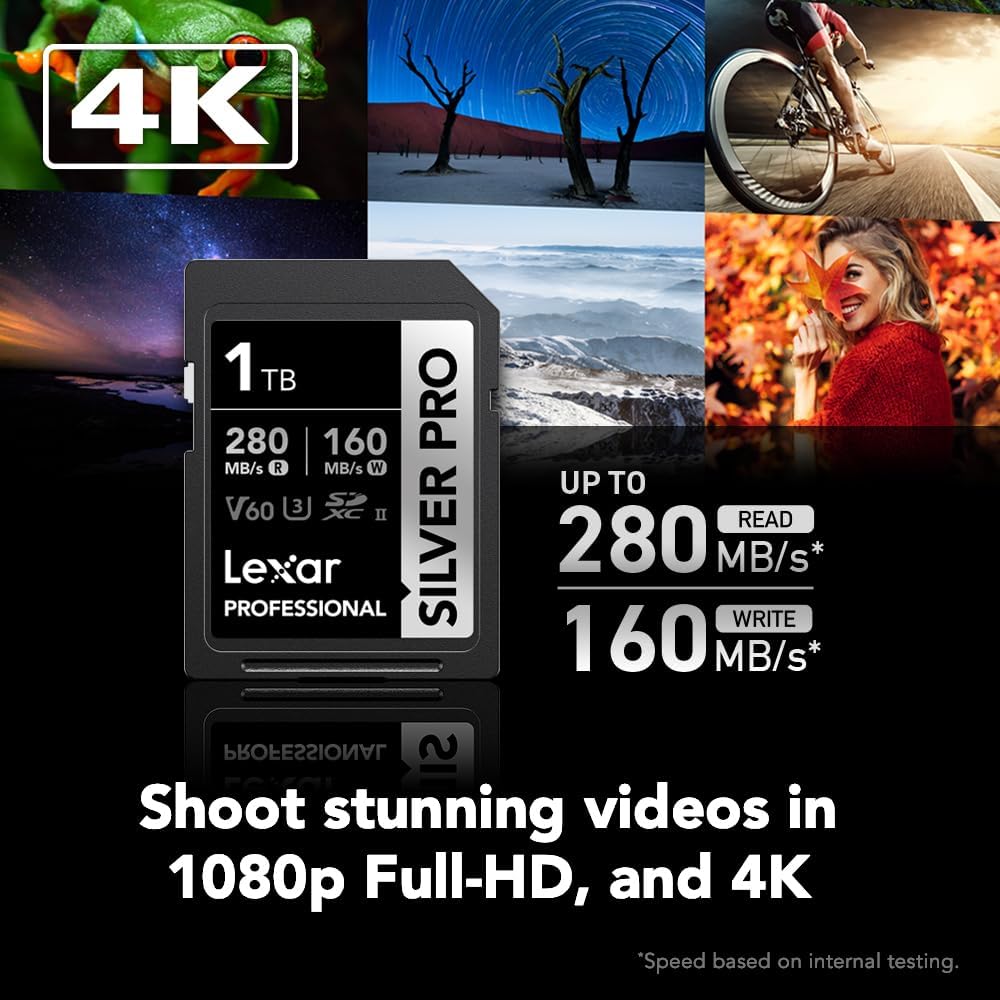 Lexar 1TB Professional Silver PRO SD Card, UHS-II, C10, U3, V60, Full HD, 4K, Up To 280MB/s Read SDXC Memory Card, For Professional Photographer, Videographer, Enthusiast (LSDSIPR001T-BNNNG)