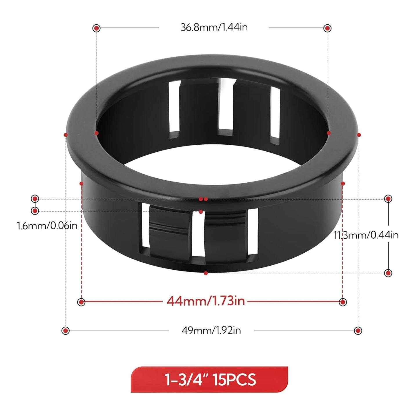 15PCS 1-3/4" Black Cable Snap Bushing Grommet, Snap in Cord Bushing Protect Cables
