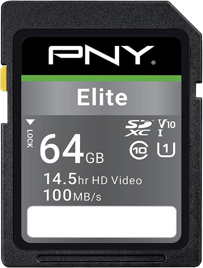 PNY 64GB Elite Class 10 U1 V10 SDXC Flash Memory Card - 100MB/s, Class 10, U1, V10, Full HD, UHS-I, Full Size SD (Pack of 1)