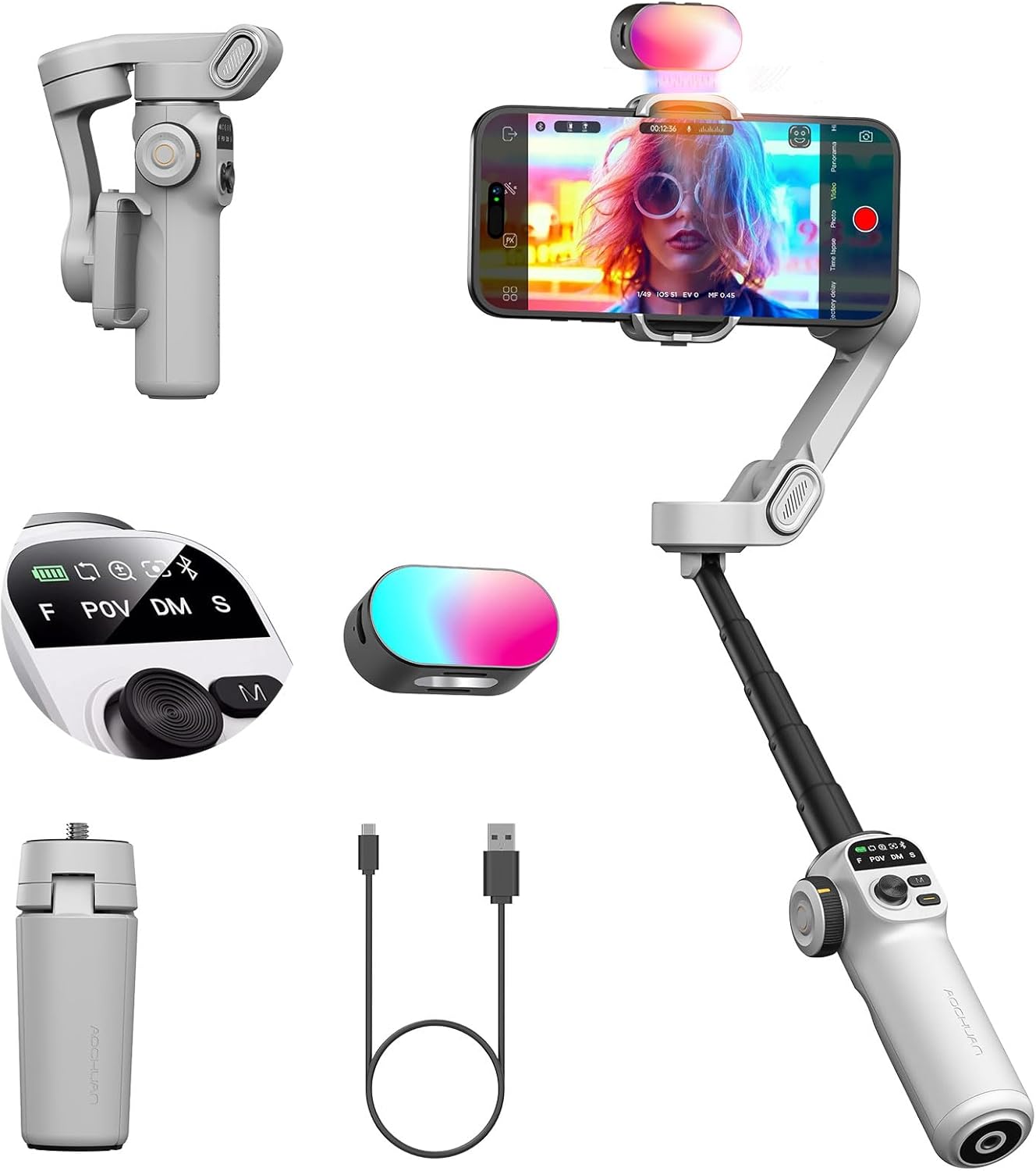 Smart X2 3-Axis Gimbal Stabilizer for Smartphone with Adjustable RGB Fill Light, Built-in 20cm Extension Pole Selfie Stick, OLED Screen for Night Shots, Video Recording,X2 KIT White