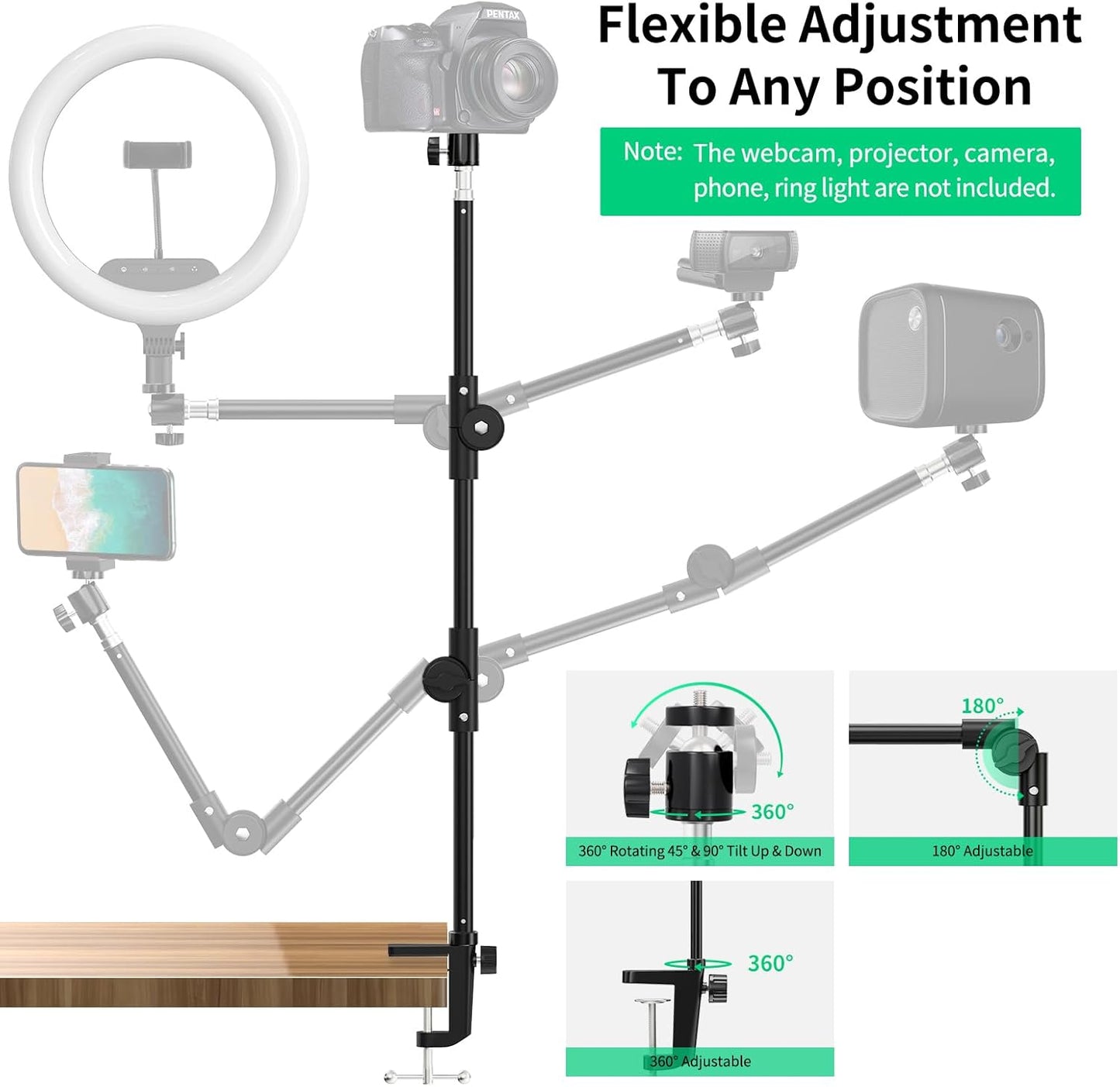 Webcam Stand Camera Mount with Phone Holder & 5/8" Screw, 22in Flexible Projector Stand Gooseneck Desk Mic Stand for Logitech C922 C930e C920 C615 C960 Brio 4K, GoPro, Blue Yeti Snowball Ice