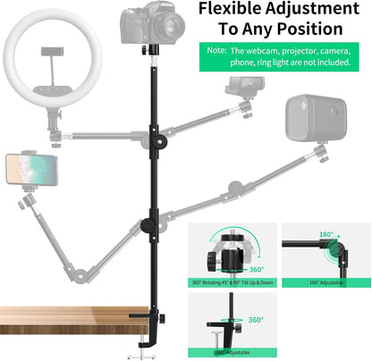 Webcam Stand Camera Mount with Phone Holder & 5/8" Screw, 22in Flexible Projector Stand Gooseneck Desk Mic Stand for Logitech C922 C930e C920 C615 C960 Brio 4K, GoPro, Blue Yeti Snowball Ice