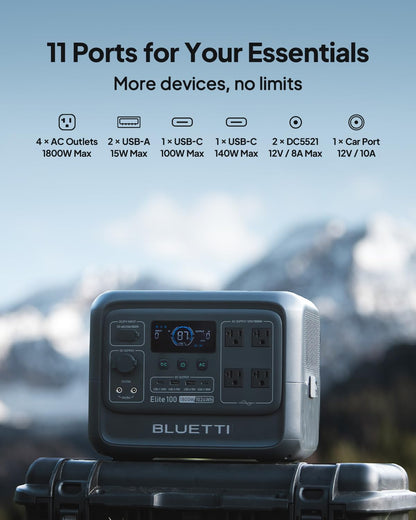 BLUETTI Elite 100 V2 Portable Power Station (2025 New), 1024Wh LiFePO4 Battery Backup w/ 4 1800W AC Outlets (3600W Surge), 35% Smaller, Solar Generator for Camping, Outages, and UPS Backup