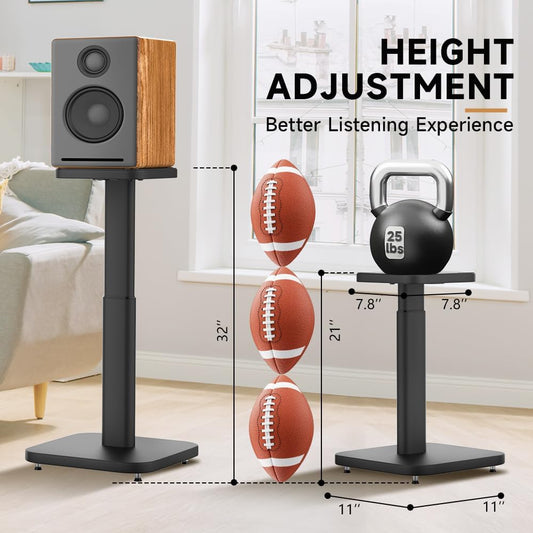 Universal Bookshelf Speaker Stands Pair - CNFRD Adjustable Height Floor Stands for Surround Sound - Holds 25lbs for Studio, Home Theater System - Tool-Free Assembly