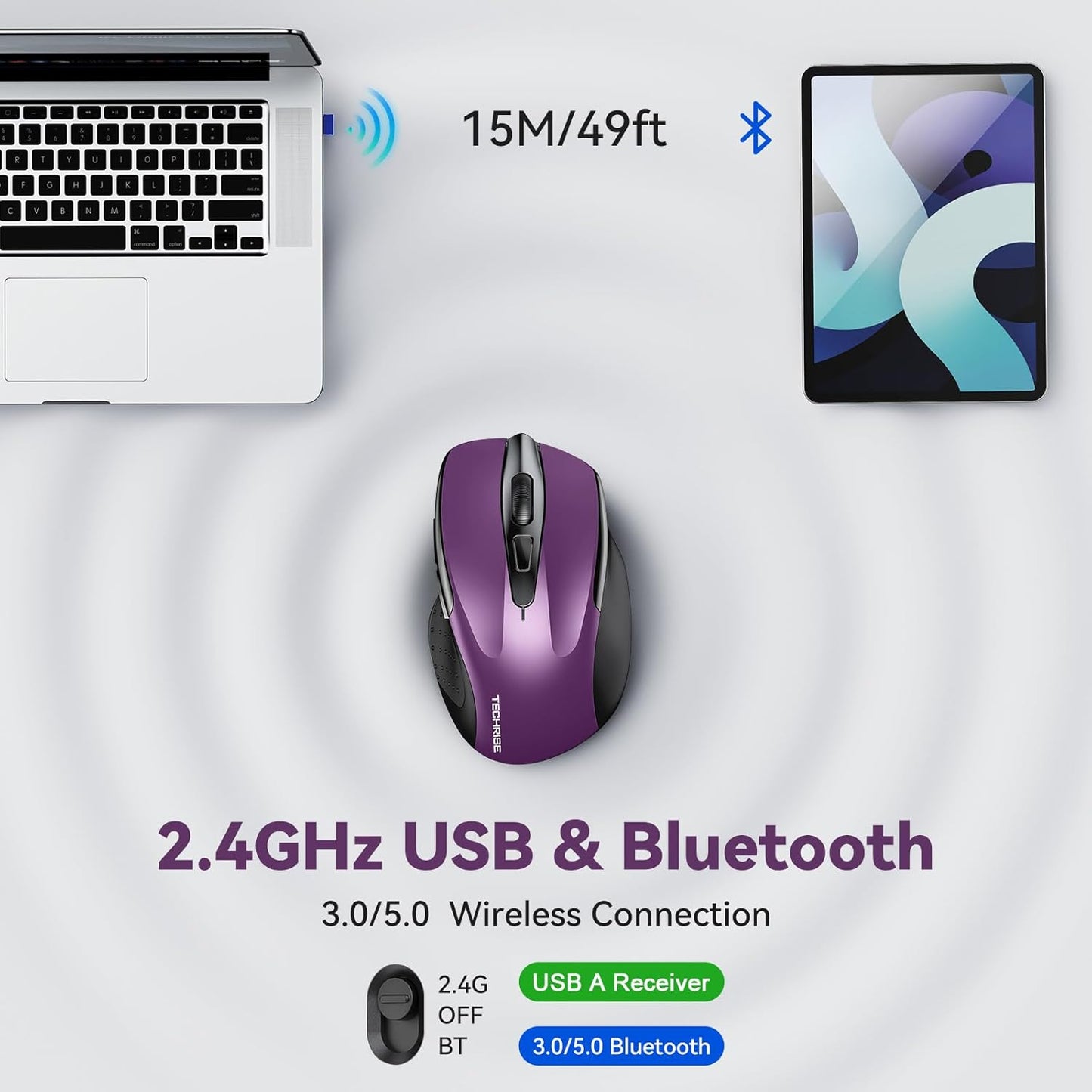 Bluetooth Mouse (BT5.0/3.0 & 2.4G) Rechargeable Wireless Mouse, 4800 DPI Optical Tracking, 6 Adjustable DPI, 2.4GHz with USB A Receiver, Quiet Clicks, Ergonomic Grips, 6 Buttons - Purple