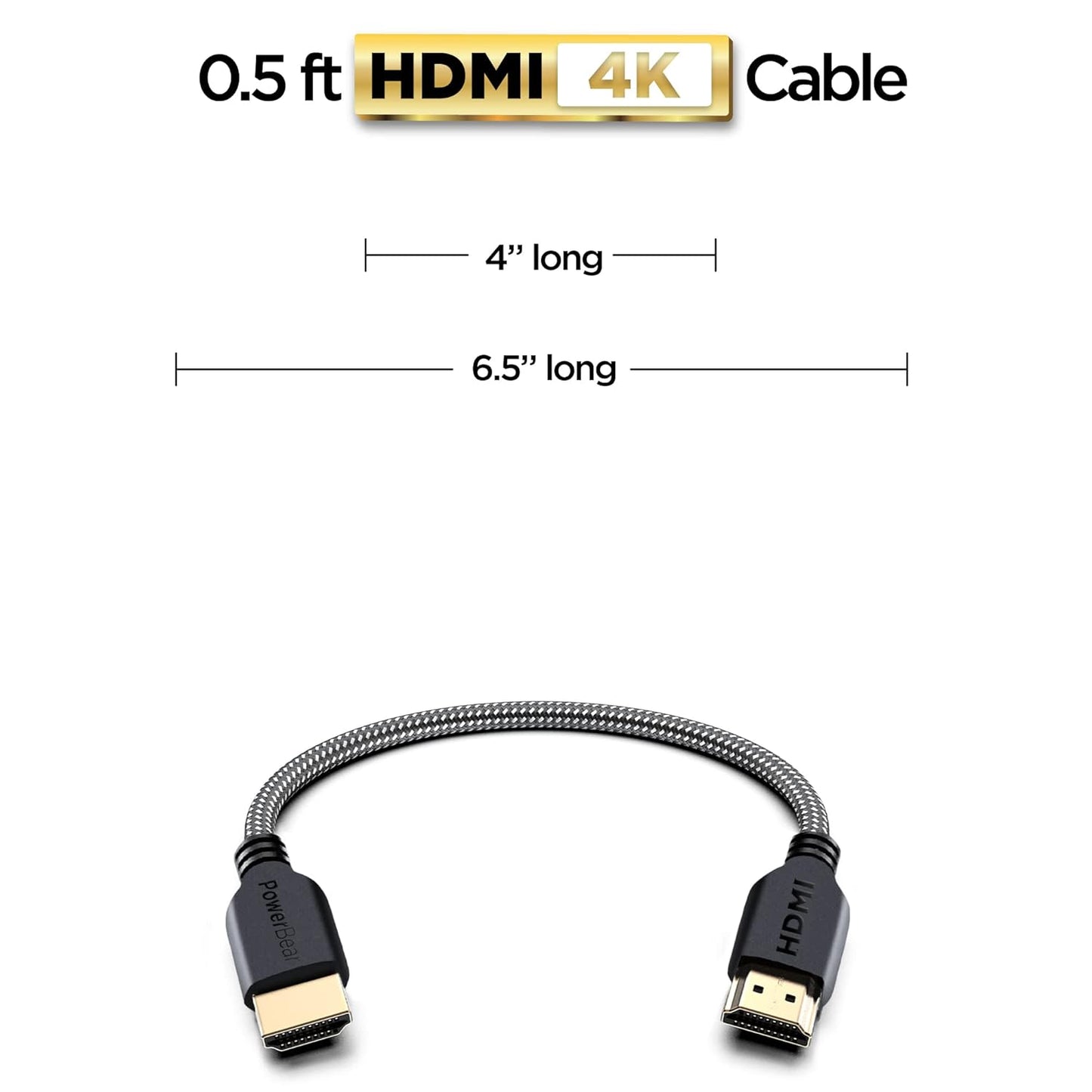 PowerBear 4K HDMI Cable 0.5 ft | High Speed, Braided Nylon & Gold Connectors, 4K @ 60Hz, Ultra HD, 2K, 1080P, ARC & CL3 Rated | for Laptop, Monitor, PS5, PS4, Xbox One, Fire TV, Apple TV & More