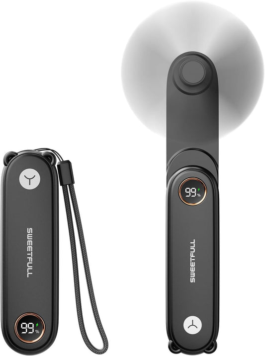 SWEETFULL Portable Handheld Mini Fan with LED Display, 3-in-1 Personal Foldable USB Rechargeable Hand Held Fan & Flashlight for Travel, Lash Eyelash, Cute Small Pocket for Women, Girls