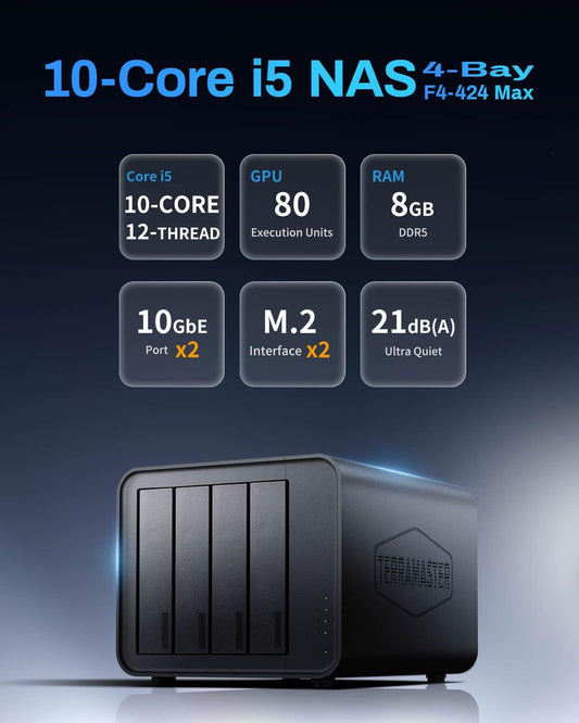 TERRAMASTER F4-424 Max NAS Storage - 4Bay Core i5 1235U 10-Cores 12-Threads, 8GB DDR5 RAM, Dual 10GbE Ports, Network Attached Storage Peak Performance for Business (Diskless)