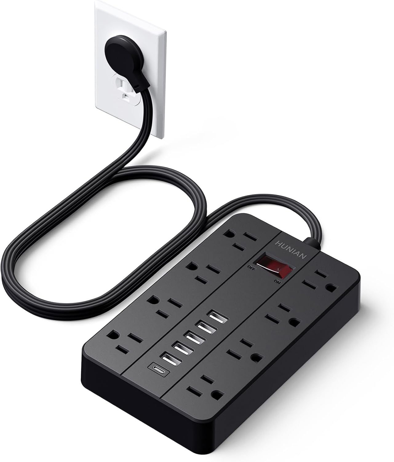 Power Strip with USB Ports, HUNIAN 5 Ft Extension Cord Flat Plug with 8 Outlets, 6 USB Charger(1 USB C Port), Indoor Desk Charging Station Surge Protector for Home and Office Accessories, Black