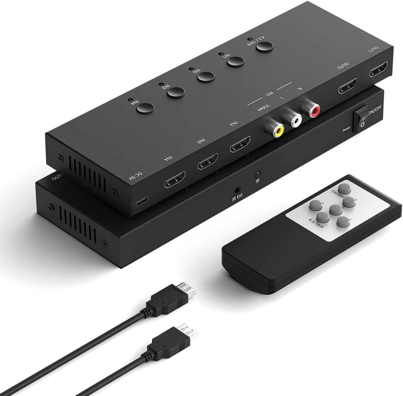 Y.D.F (3 HDMI 2.0 + 1 RCA) to 2 HDMI Converter (4 In 2 Out, 2 Outputs Can Simultaneous Display) Switcher Splitter Support 4:3/16:9 Switching for N64 NGC Wii Xbox PS2/3/4/5 Switch Apple TV Fire TV Roku