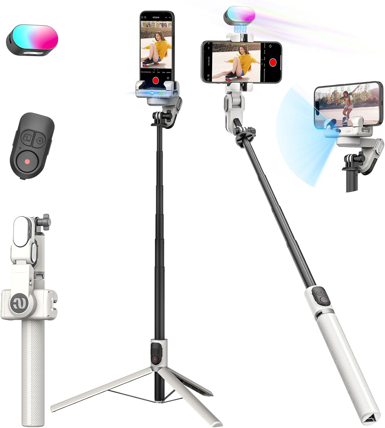 Smartphone Gimbal Stabilizer, Smart Face Tracking Tripod Without APP - 4 in 1 Cellphone Gimbal Stabilizer for iPhone&Android Extended 108cm Rod with RGB Fill Light,M2PRO White