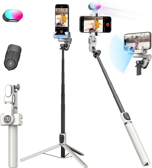 Smartphone Gimbal Stabilizer, Smart Face Tracking Tripod Without APP - 4 in 1 Cellphone Gimbal Stabilizer for iPhone&Android Extended 108cm Rod with RGB Fill Light,M2PRO White