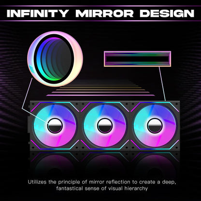 Jungle Leopard Interstellar V2 120mm PC Reverse Blade Case Fan Infinity Mirror Module Daisy-Chain ARGB Fan Triple Pack with Controller Suitable for Computer Case & 360mm AIO Cooler(Black-3pack)