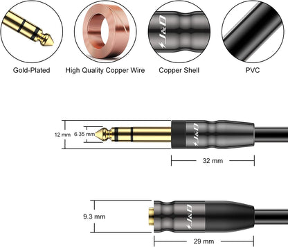 J&D 1/4 inch to 3.5mm Headphone Adapter, Heavy Duty Copper Shell Connecter Joint 3.5mm 1/8 inch Female TRS to 6.35mm Male TRS Stereo Audio Extension Cable, 9 Feet