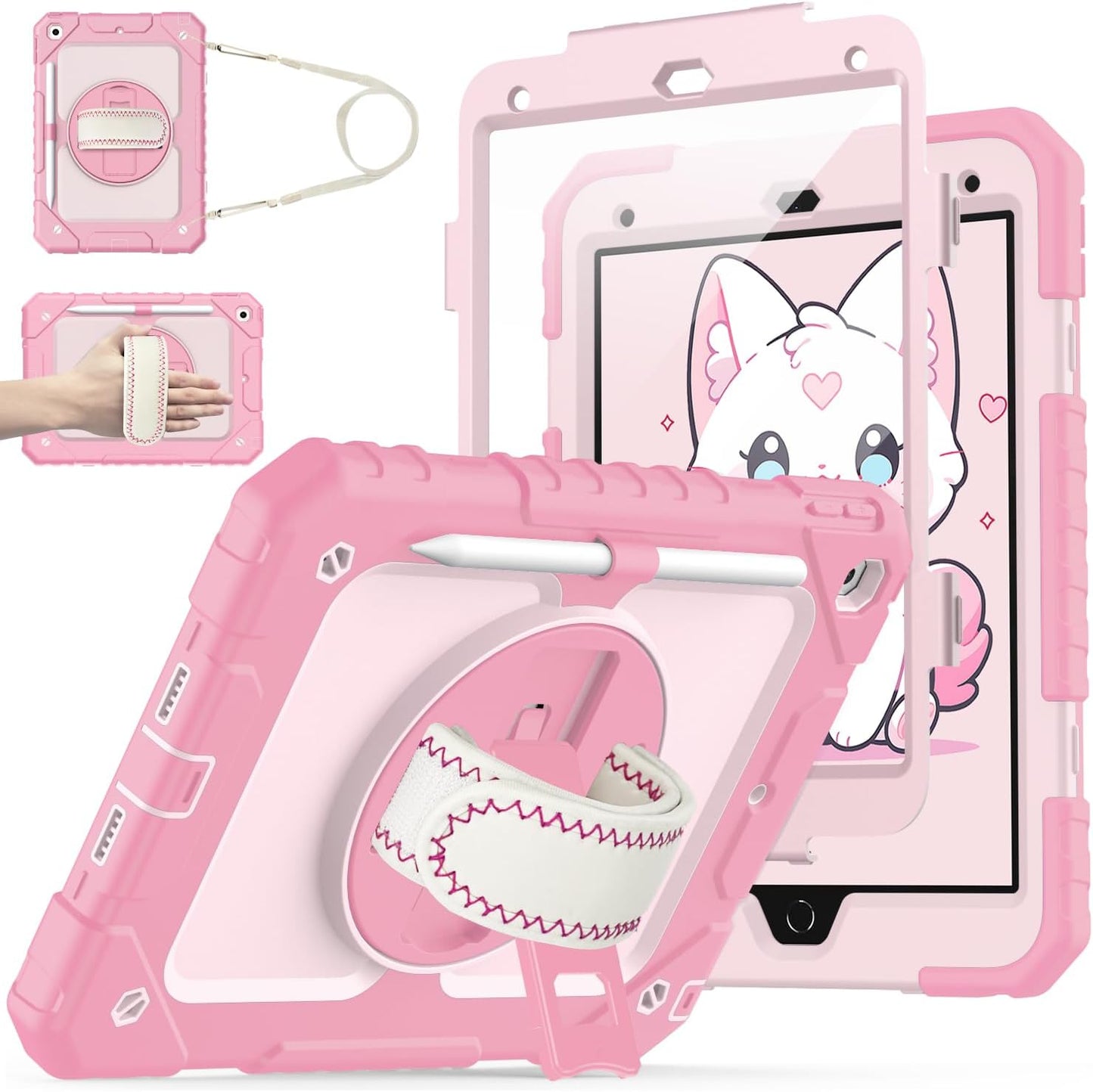 Cantis Case for iPad 9th/8th/7th Generation with Screen Protector, iPad 10.2 Case 2021/2020/2019 with 360 Degree Rotating Stand/Shoulder Strap/Pencil Holder, Pink