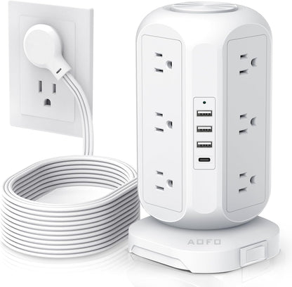 15 ft Long Extension Cord Power Strip Tower,AOFO Surge Protector 12 AC Outlets 4 USB(1 USB C) Ports, Charging Tower Overload Protection with Multiple Outlets for Home Dorm Office