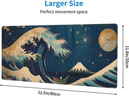 Gaming Mouse Pad, Large Non-Slip Rubber Base Mousepad, Keyboard Mouse Mat, Desk Pad with Stitched Edges, 31.5x11.8inch, Wave Moon