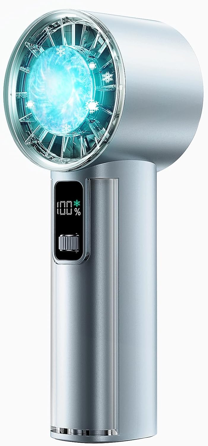 PANERGY High Speed Handheld Fan with Ice Cooler,1-100 Speed Adjustable Mini Turbo Fan, 4000mAh Battery Rechargeable & Digital Display,Gifts for Women Men Travel/Office/Beach/Camping(Blue)