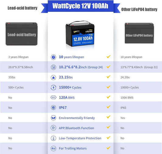 12V 100Ah TM LiFePO4 Lithium Battery with Smart Bluetooth, Group 24, Automatically Cuts Off and Recovery, 120A BMS, IP67, Deep Cycle Perfect for Trolling Motors Marine Boat RVs(2 Pack)