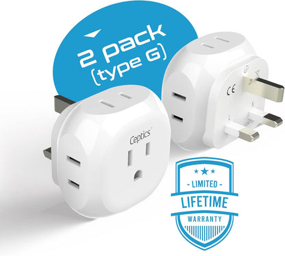 Ceptics US to UK Plug Adapter UK, Ireland Power Adapter Charger 4 Input - Ultra Compact - Light Weight - USA to Any Type G Countries Such as Hong Kong, England and More - 2 Pack (PT-7), White