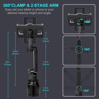 Cup Holder Car Tablet Mount for Truck, 360° Adjustable 15" Long 2-Arm Stand Holder for iPad Pro 12.9/11/10.5/9.7/Air/Mini 6/5/4, Samsung Galaxy Tab/Z Fold 6/5/4, iPhone 16/15/Pro, 4.7-12.9" Tab &Phone