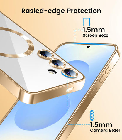 Slim Thin for Samsung Galaxy S25 Plus Case, Compatible with MagSafe, Built-in Camera Lens Protector, Shockproof Protective Phone Case, Soft Electroplated Clear Cover, Gold
