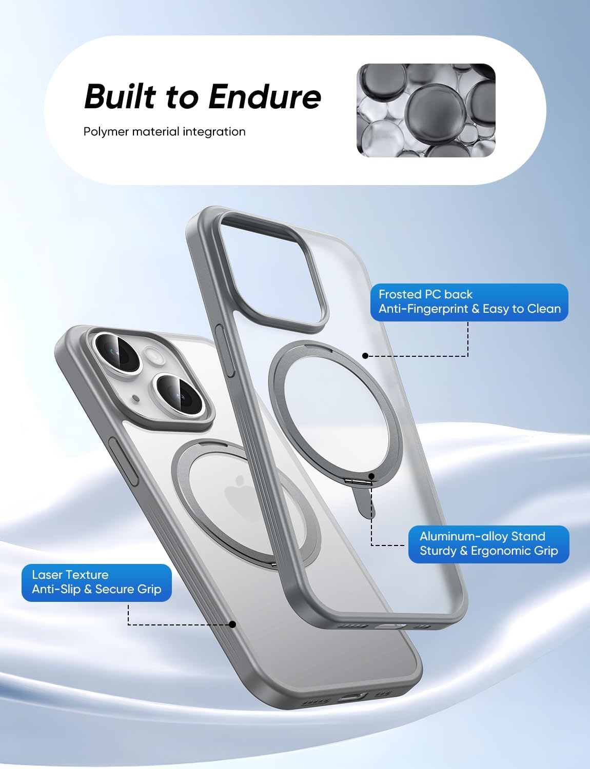 MAGIC JOHN 360° Rotatable Magnetic Invisible Stand for iPhone 14/iPhone 13 Case [Anti-Slip Grip] [Compatible with MagSafe] 16FT Shockof for iPhone 14/13 Case with Kickstand, Gray