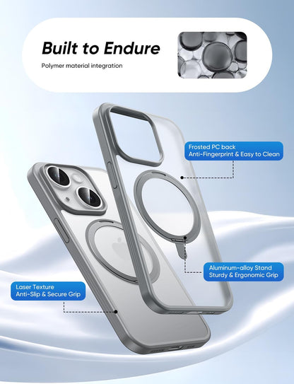 MAGIC JOHN 360° Rotatable Magnetic Invisible Stand for iPhone 14/iPhone 13 Case [Anti-Slip Grip] [Compatible with MagSafe] 16FT Shockof for iPhone 14/13 Case with Kickstand, Gray