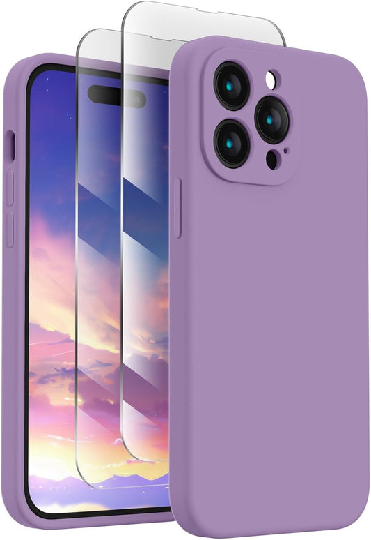 FireNova for iPhone 14 Pro Case, Silicone Upgraded [Camera Protection] Phone Case with [2 Screen Protectors], Soft Anti-Scratch Microfiber Lining Inside, 6.1 inch, Light Purple